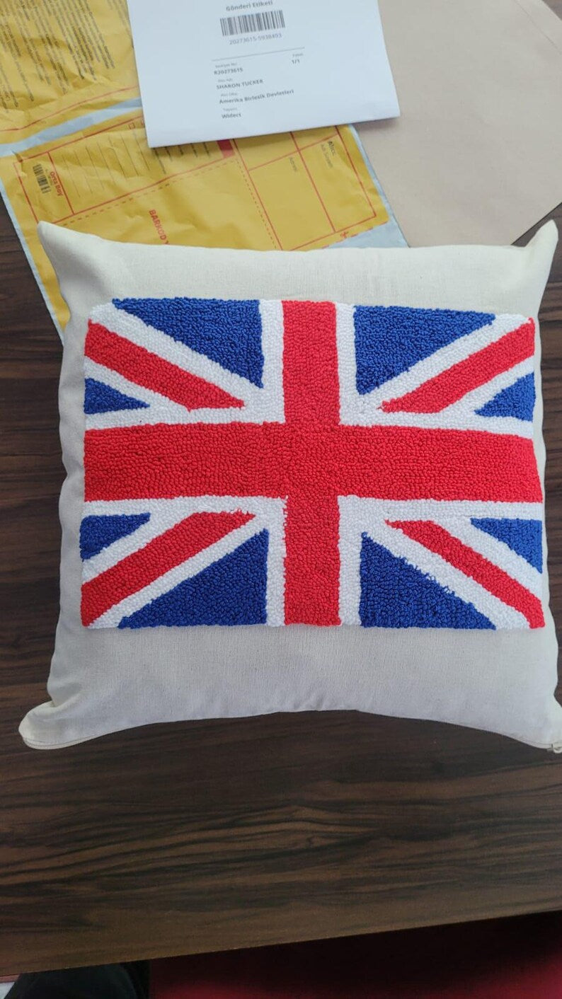 Punch Needle Union Jack Pillow Cover | Handmade British Flag Tufted Cushion | UK Themed Home Decor | Red White Blue Design Accent