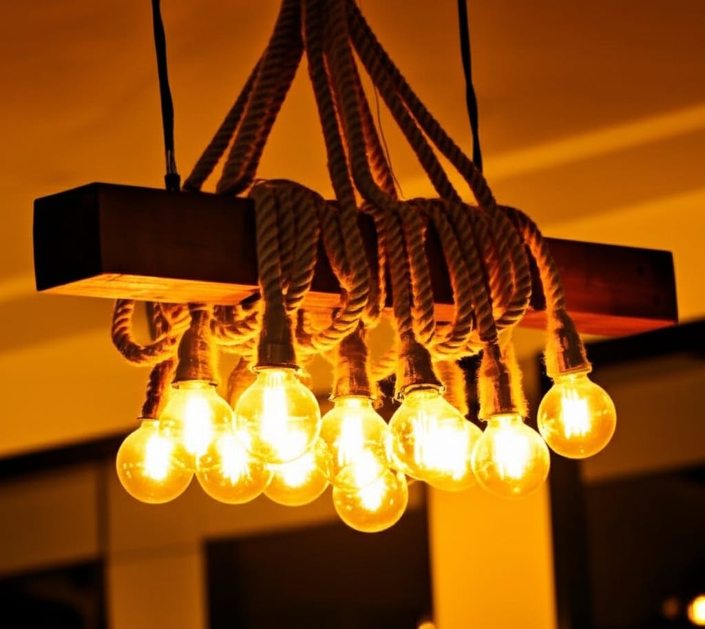 Rustic Wood Beam Chandelier with 10 Hanging Rope Sockets Vintage Industrial Light Homeartparis production