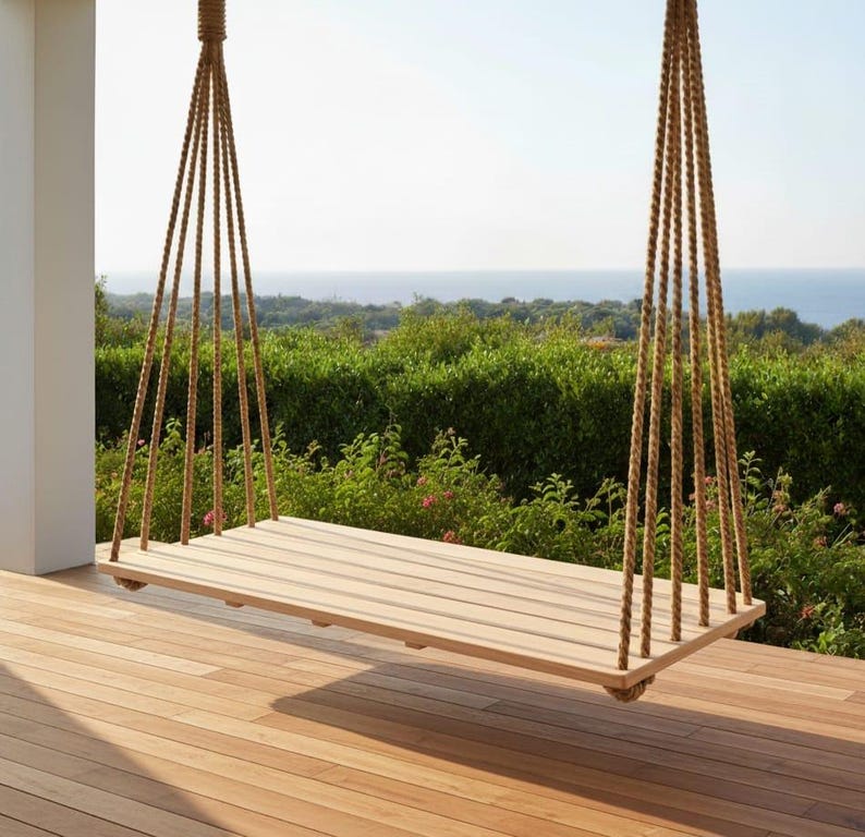 Modern Wooden Swing bed| Minimalist Porch Swing sofa | Handmade Hanging Sofa | Boho Garden Daybed | Cushioned Wood Swing sofabed