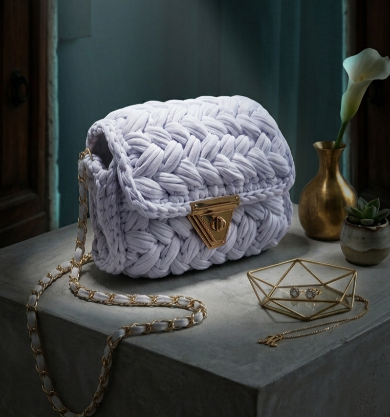 Chalk White Crochet Crossbody Bag - Handmade Popcorn Stitch Purse by Seval Özsoy - Soft T-Shirt Yarn Mini Bag - Unique Designer Gift