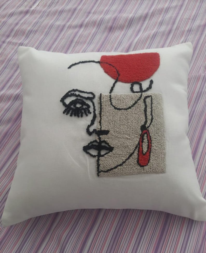 homeartparis Punch Needle Abstract Mask Pillow Cover | Handmade Bohemian Eclectic Decorative Cushion | Vibrant Colors