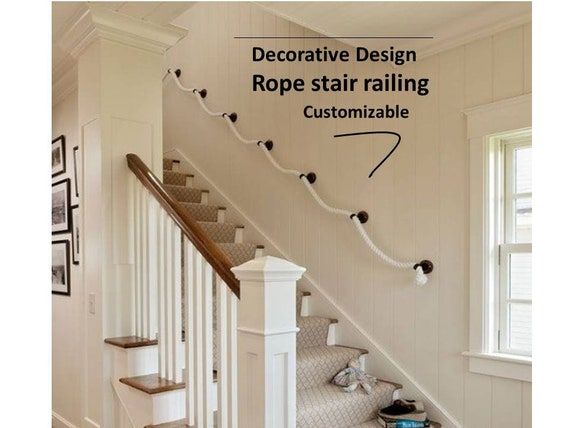 White Rope Handrail Kit (5m Rope + 5 Brackets), Rustic Stair Railing, Wall Mount Banister Coastal Farmhouse