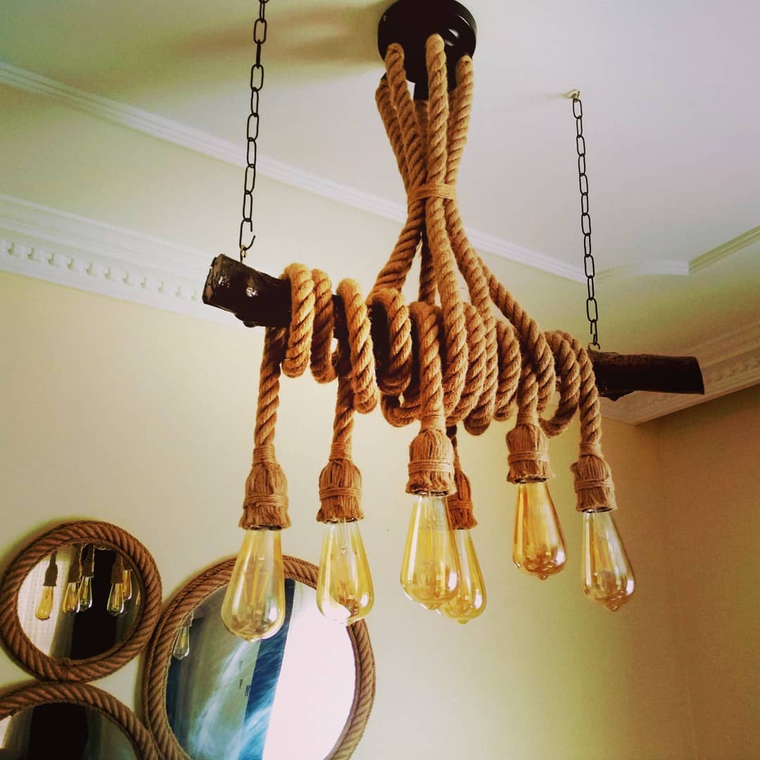 Medieval Style 6-Light Natural Wood Branch and Rope Rustic Chandelier Homeartparis production