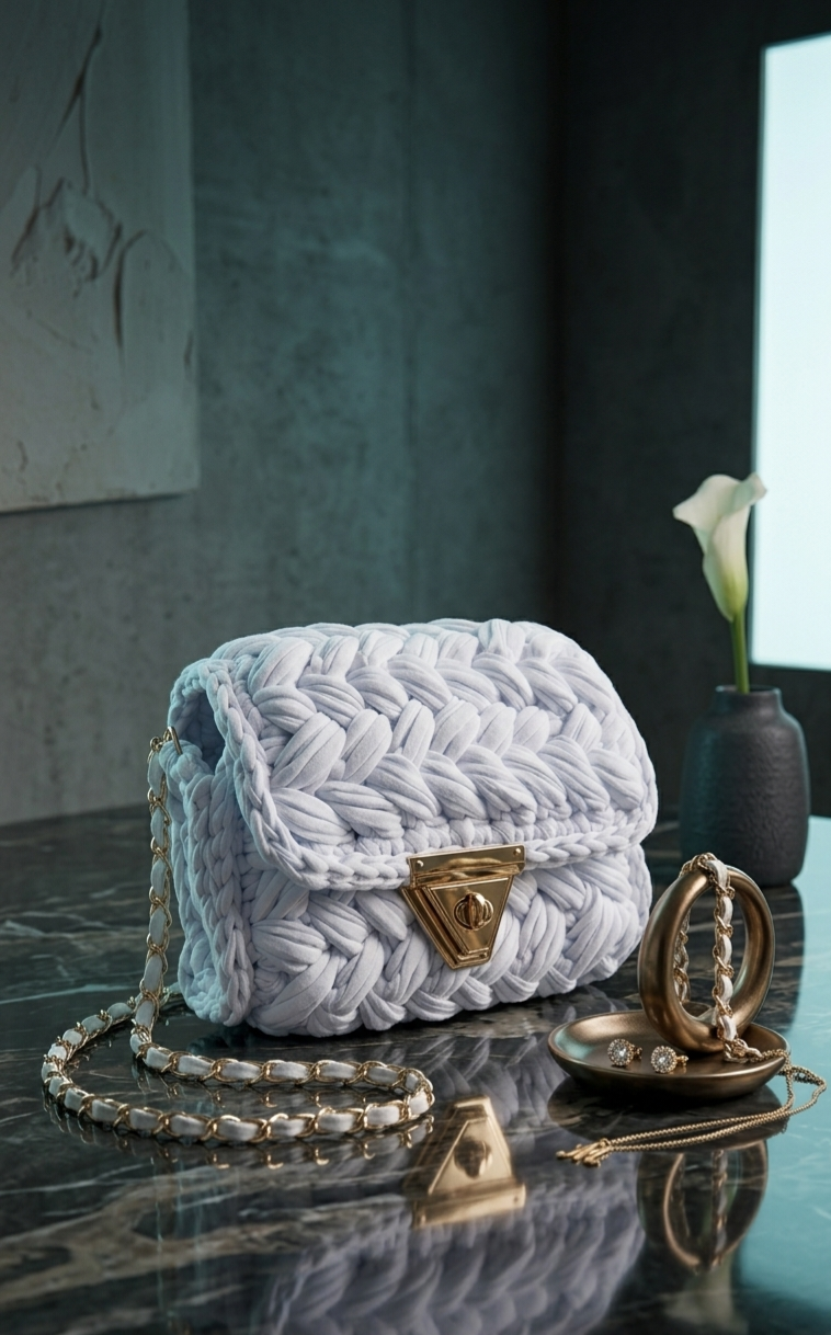 Chalk White Crochet Crossbody Bag - Handmade Popcorn Stitch Purse by Seval Özsoy - Soft T-Shirt Yarn Mini Bag - Unique Designer Gift