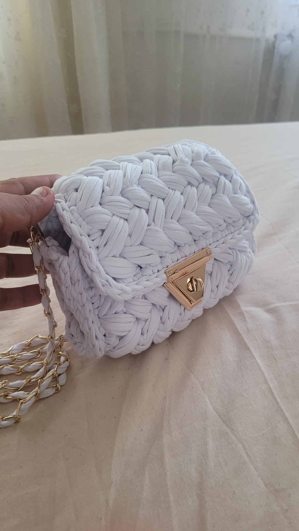 Chalk White Crochet Crossbody Bag - Handmade Popcorn Stitch Purse by Seval Özsoy - Soft T-Shirt Yarn Mini Bag - Unique Designer Gift
