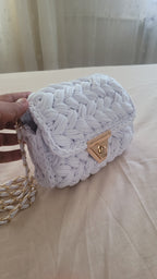 Chalk White Crochet Crossbody Bag - Handmade Popcorn Stitch Purse by Seval Özsoy - Soft T-Shirt Yarn Mini Bag - Unique Designer Gift
