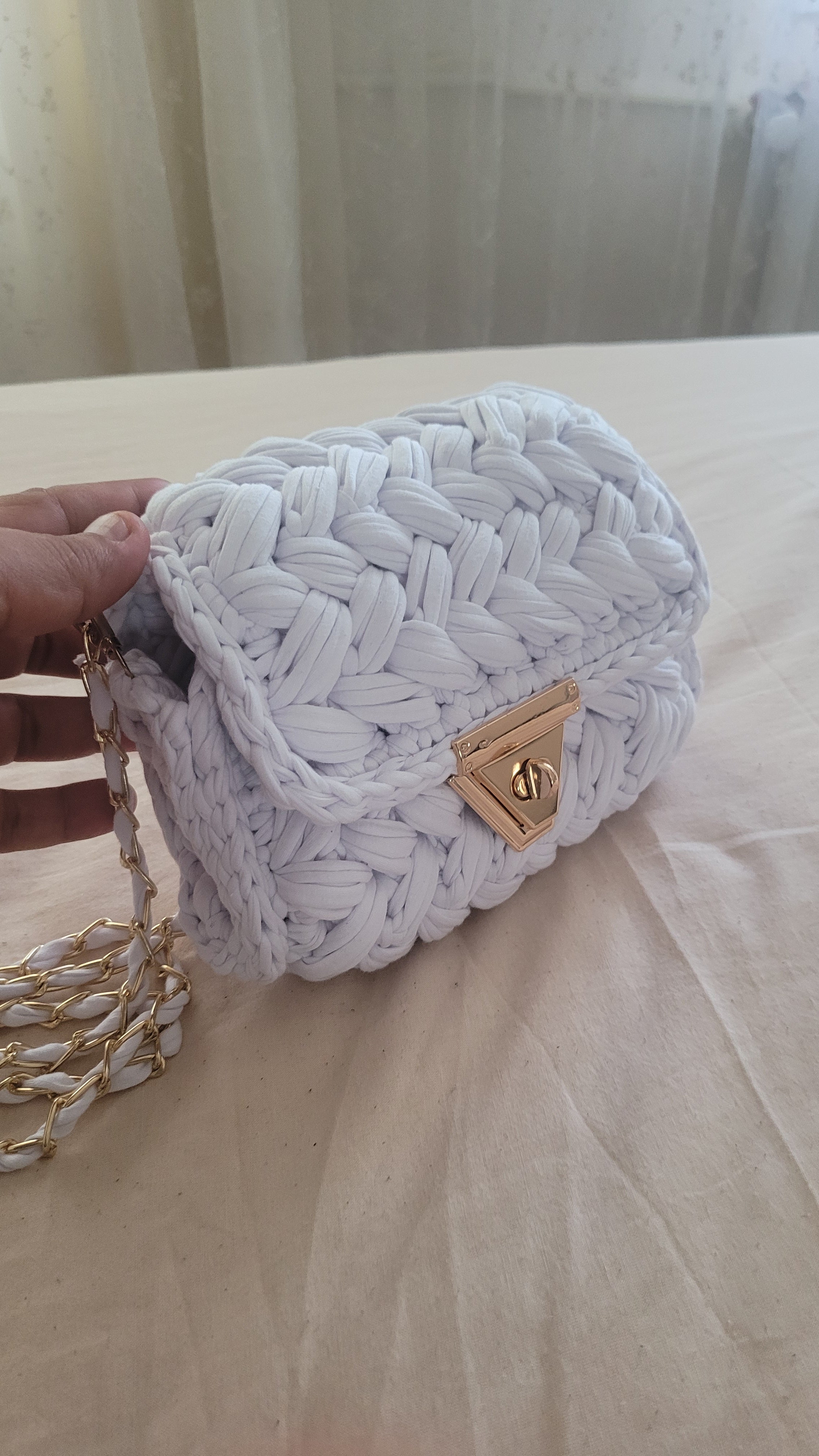Chalk White Crochet Crossbody Bag - Handmade Popcorn Stitch Purse by Seval Özsoy - Soft T-Shirt Yarn Mini Bag - Unique Designer Gift