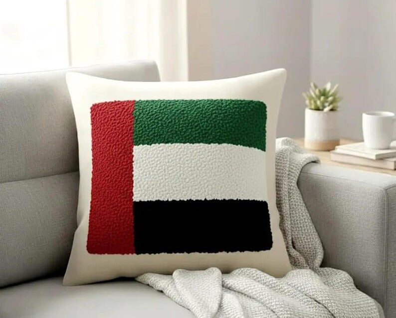 Homeartparis UAE Flag Punch Needle Pillow, 40x40 cm (16x16 inc) Handmade Decorative Cushion, Breathable Beige Linen Fabric with Soft Insert, Removable