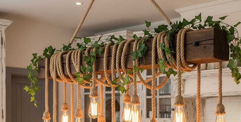 Grand 138 cm Wood Beam Chandelier with 15 Rope Pendants and Artificial Flowers Homeartparis production