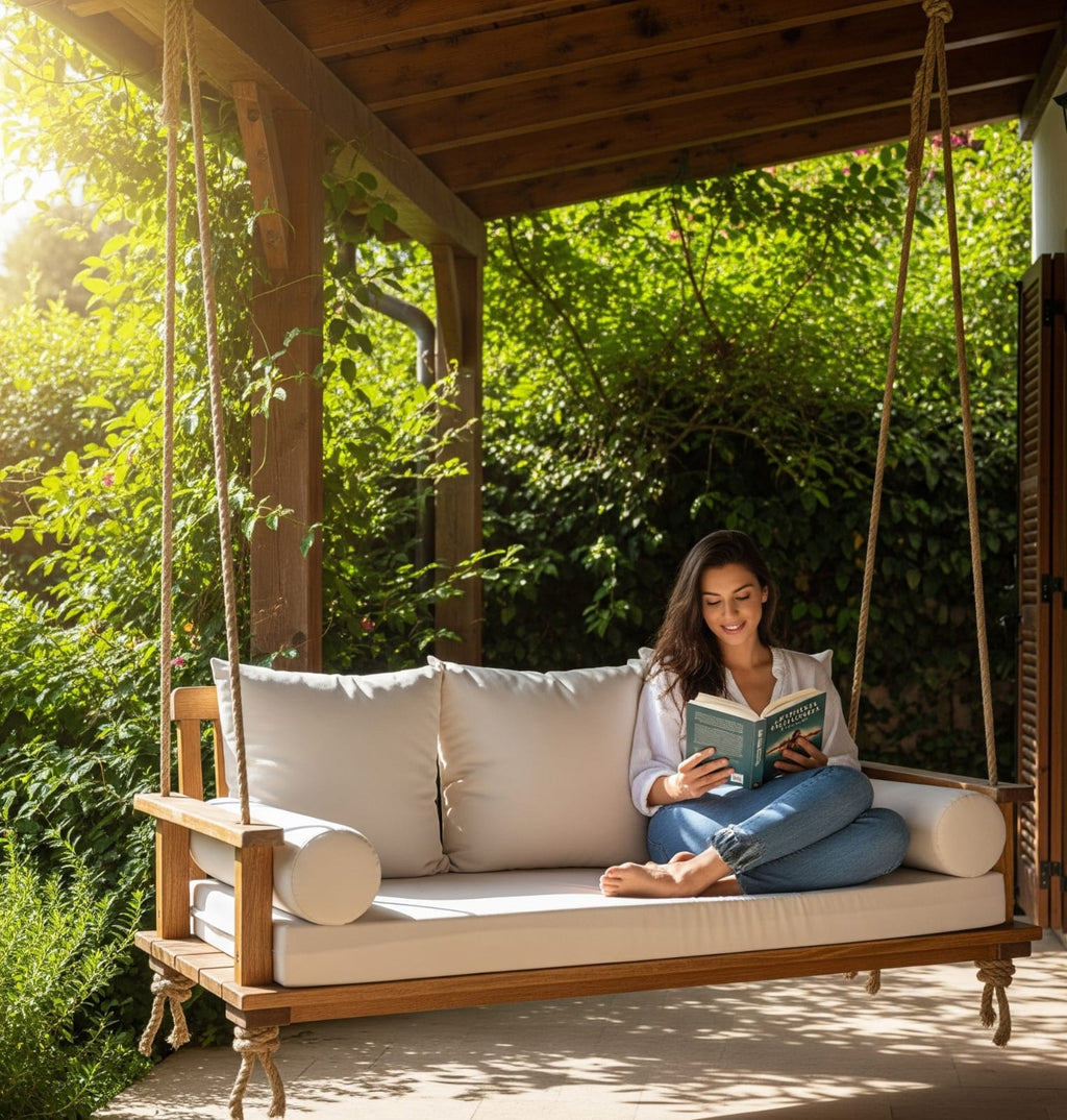 Handcrafted Spruce Wood Porch Swing Bed Set - Outdoor Garden Hanging Daybed with Cushions - Homeartparis production