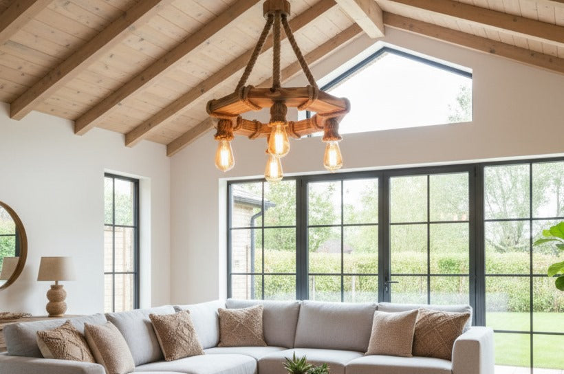 The Geometric Wood Chandelier, Bohemian Rope Lamp, 4-Light Rustic Pendant, Living & Dining Room Lighting