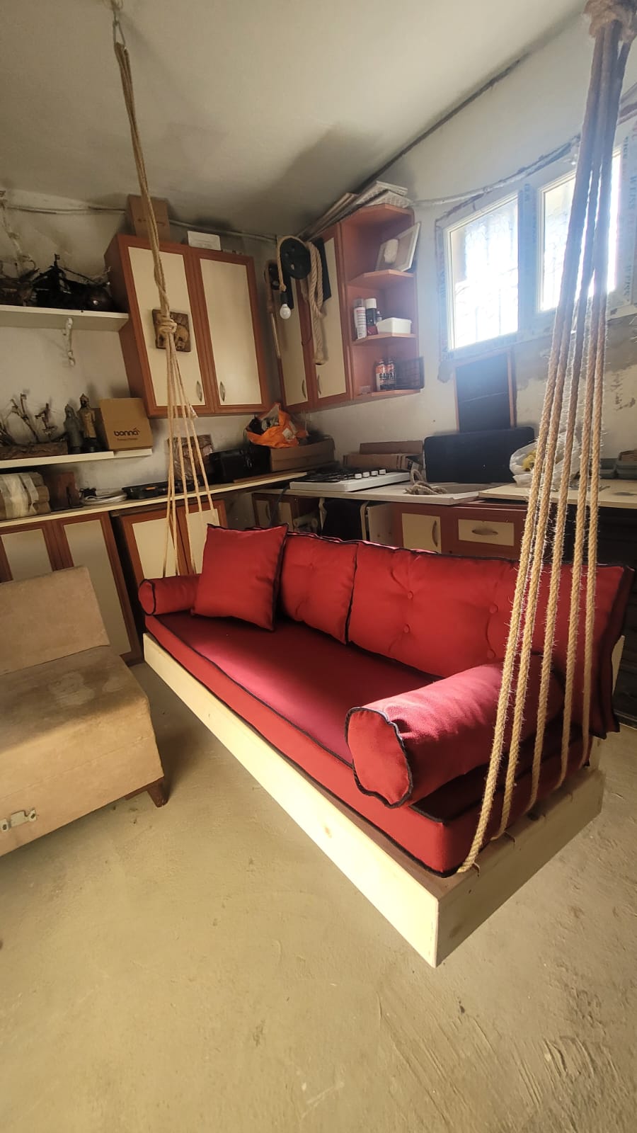 Red Wood Hanging Sofa Minimalist Indoor Couch Homeartparis production, swing bed