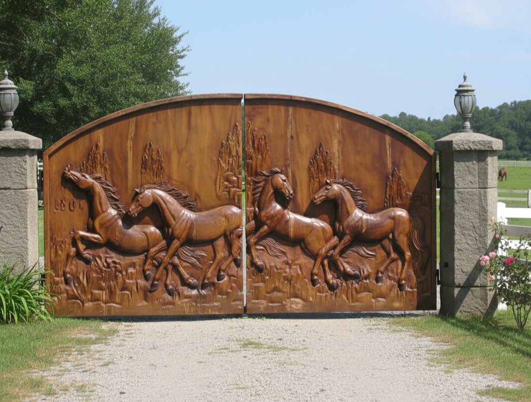 Masterpiece Hand-Carved Solid Chestnut Grand Entrance Gate - 4.5 Meters Wide Luxury Exterior Door - Homeartparis production