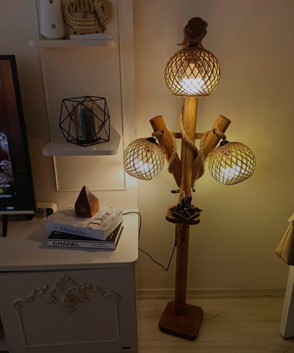 Natural Tree Branch Floor Lamp with 3 Rope Shades Homeartparis production