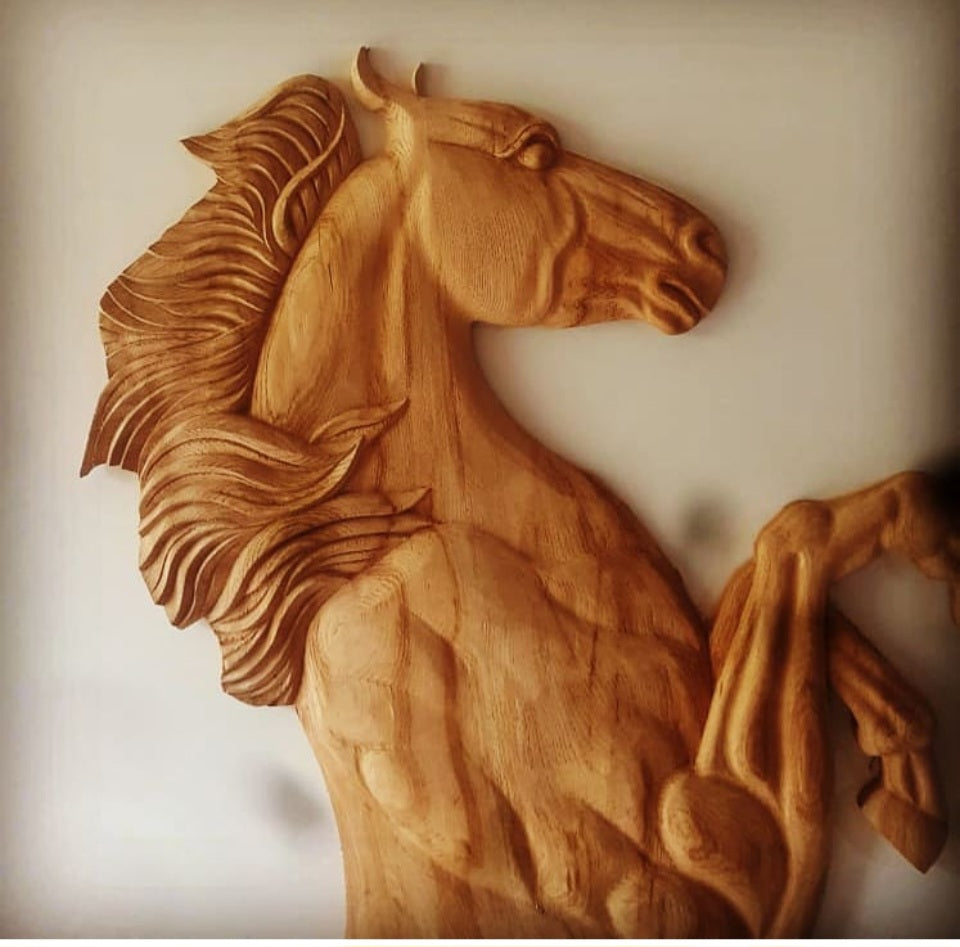 Vitage Wooden Garden Gate, Medieval Hand-Carved Chestnut Wood Double Doors with Rearing Horse Reliefs - Custom Size and Logo Options Homeartparis production