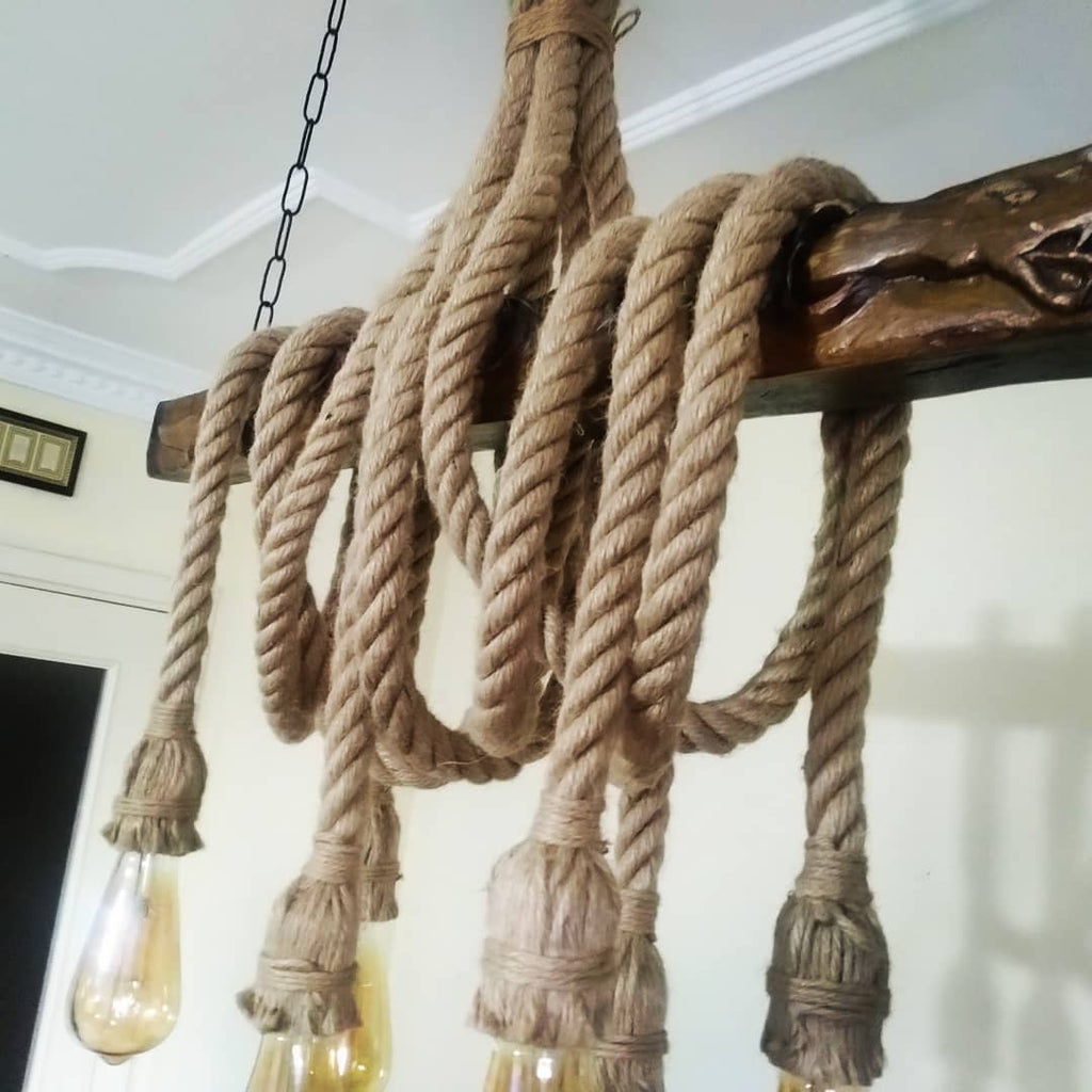 Hand Carved Mythological Snake Wood Chandelier with Jute Rope Vintage Beam Lighting Homeartparis production