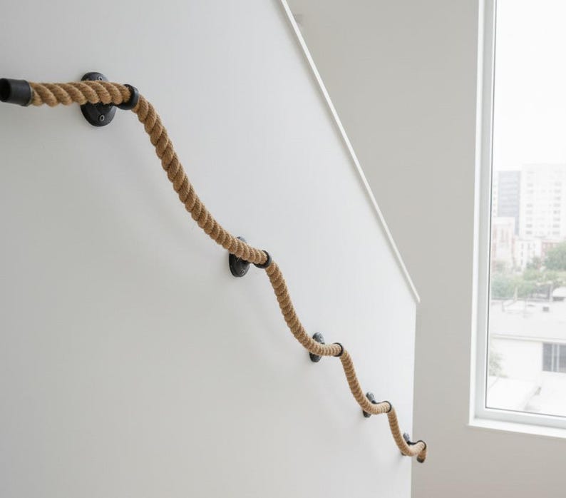 The Natural Jute Rope Handrail Kit (5m Rope + 5 Brackets), Rustic Stair Railing, Wall Mount Banister Coastal Farmhouse