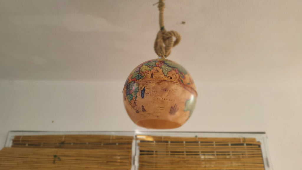Vintage World Map Pendant Light - Handcrafted Nautical Hanging Globe Lamp with Adjustable Rope