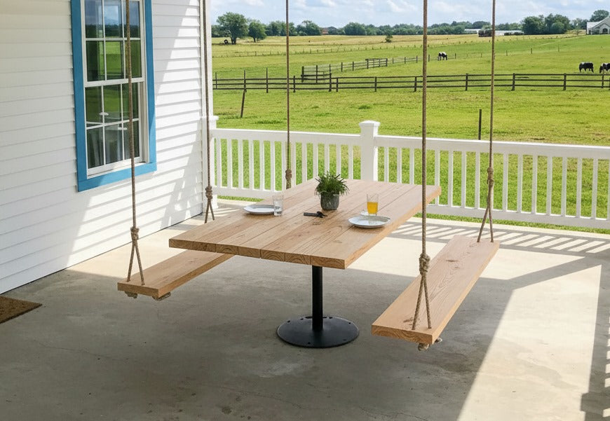 Homeartparis Handcrafted Industrial Solid Wood Dining Table with Swing Benches