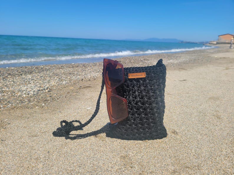 Black Crochet Mini Shoulder Bag - Bohemian Knit Crossbody Purse with Vegan Leather Accents - Unique Artisan Gift for Daily Use