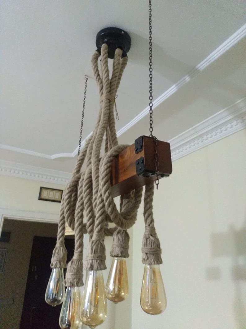 homeartparis vintage Wood Chandelier, Kitchen Island Lighting, Rustic Dining Table Lamp, 8-Rope Pendant Light Fixture