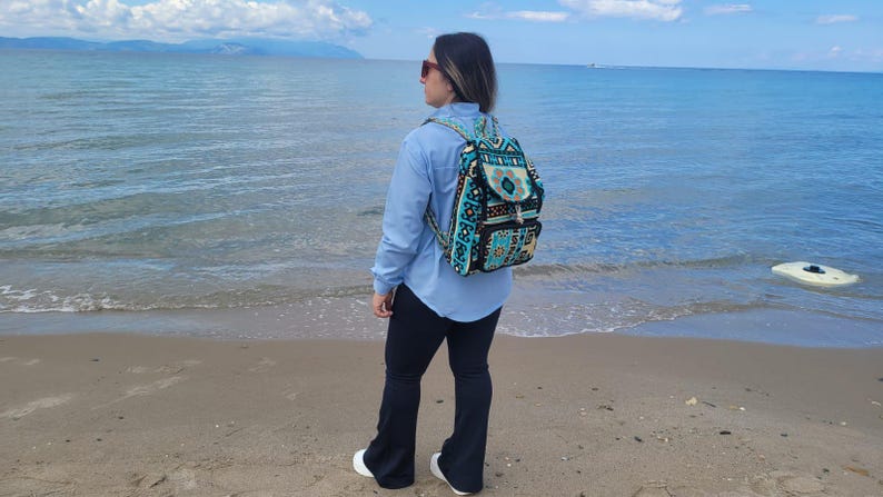 Ethnic Boho Backpack - Handwoven Authentic Kilim Pattern Travel Bag by Seval Özsoy - Unique Bohemian Rucksack - Artisan Kilim Accessory