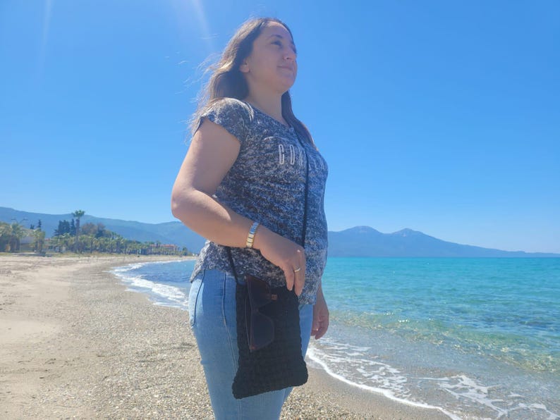 Black Crochet Mini Shoulder Bag - Bohemian Knit Crossbody Purse with Vegan Leather Accents - Unique Artisan Gift for Daily Use