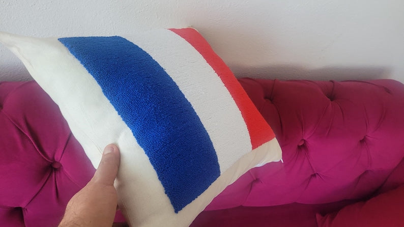 Homeartparis French Flag Punch Needle Pillow Cover, France Linen Cushion Case, Parisian Style Gift, Textured Home Decor 16x16