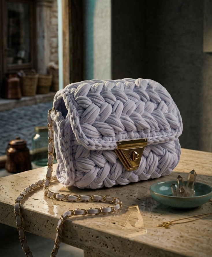 Chalk White Crochet Crossbody Bag - Handmade Popcorn Stitch Purse by Seval Özsoy - Soft T-Shirt Yarn Mini Bag - Unique Designer Gift