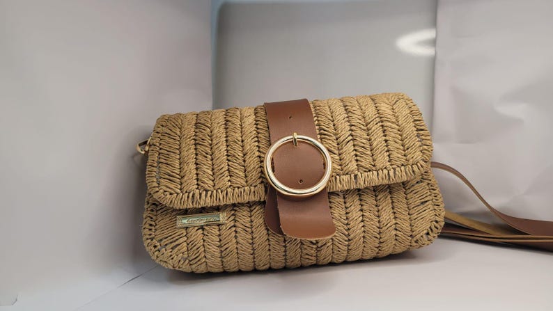 Bohemian Straw Crossbody Bag - Handmade Authentic Mini Bag by Seval Özsoy - Natural Woven Shoulder Purse with Leather Flap - Unique Artisan Gift