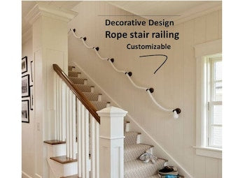 White Rope Handrail Kit (5m Rope + 5 Brackets), Rustic Stair Railing, Wall Mount Banister Coastal Farmhouse