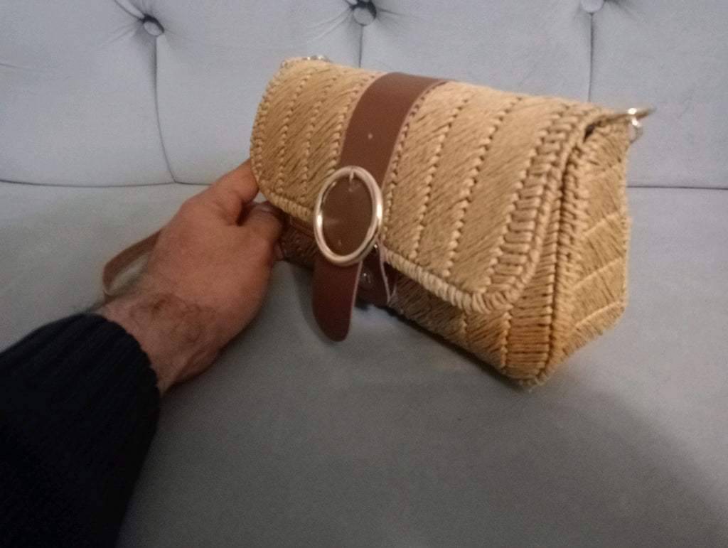 Handmade Straw Shoulder Bag - Bohemian Crossbody by Seval Özsoy - Natural Woven Summer Purse with Gold Ring Buckle - Unique Artisan Gift