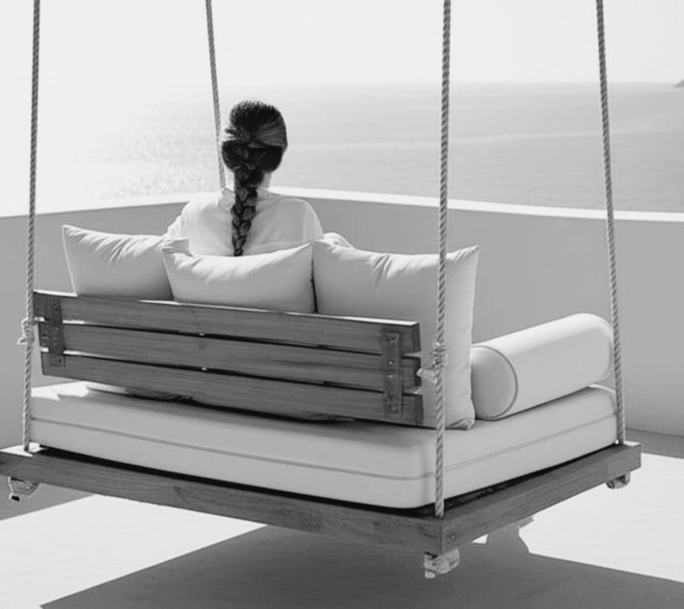 Luxury Handmade Wooden Swing Bed 60x160 cm (24x63 inches), Hanging Daybed with 180 cm (71 inches) Adjustable Ropes, Full Set with Cream Cushions