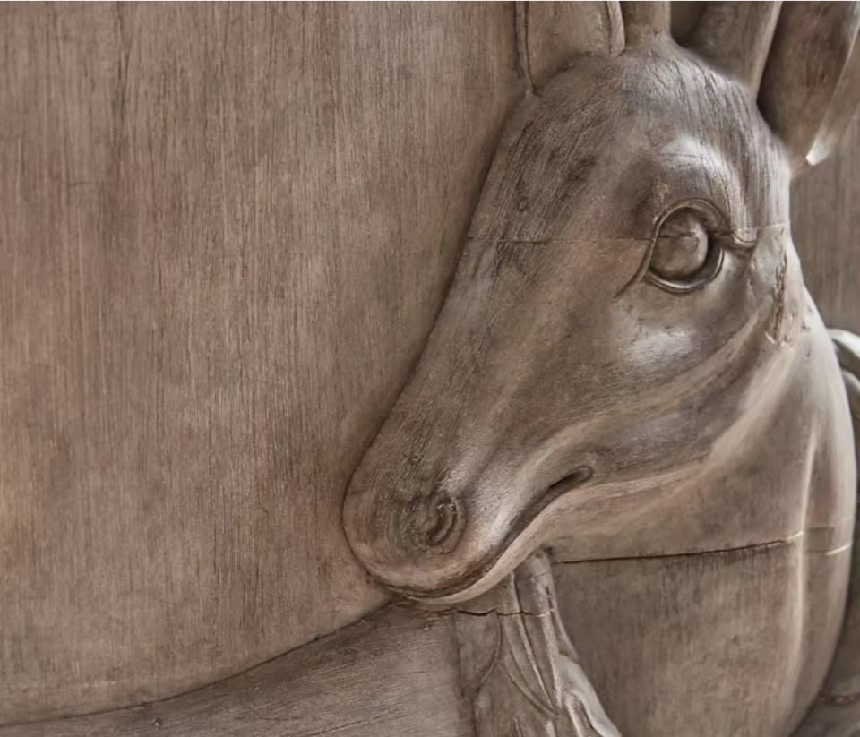 Hand-Carved Chestnut Wood Sideboard with Deer Relief Art - Custom Wildlife Design Homeartparis production