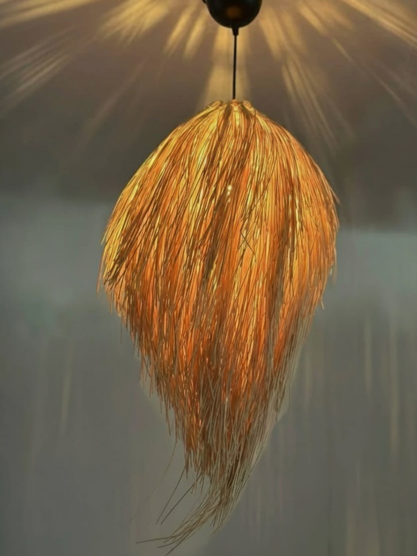 Handcrafted Raffia Fringe Pendant Light - Tropical Hawaiian Style Boho Lamp for Indoor & Covered Outdoor