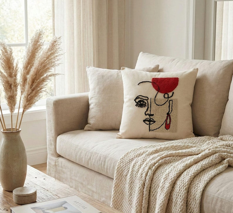 homeartparis Punch Needle Abstract Mask Pillow Cover | Handmade Bohemian Eclectic Decorative Cushion | Vibrant Colors