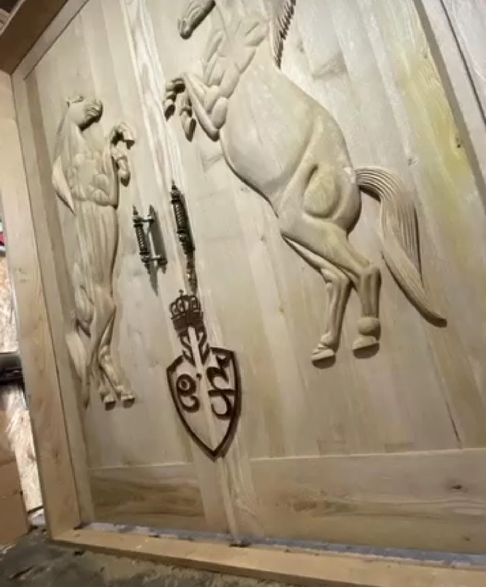 Vitage Wooden Garden Gate, Medieval Hand-Carved Chestnut Wood Double Doors with Rearing Horse Reliefs - Custom Size and Logo Options Homeartparis production