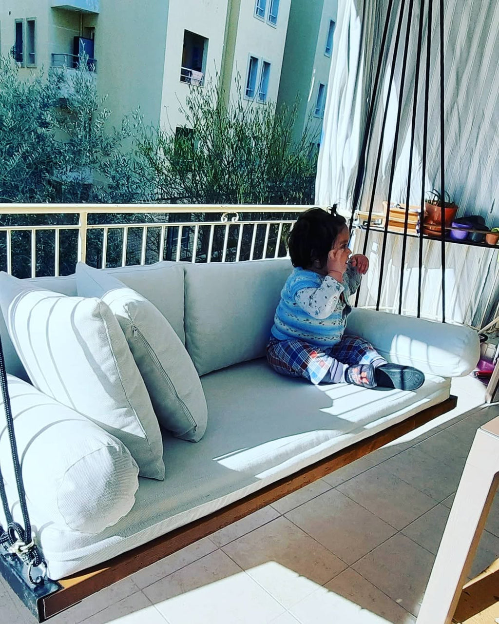 Handcrafted Spruce Wood Hanging Daybed with Backrest - Complete All-Inclusive Set - Homeartparis production