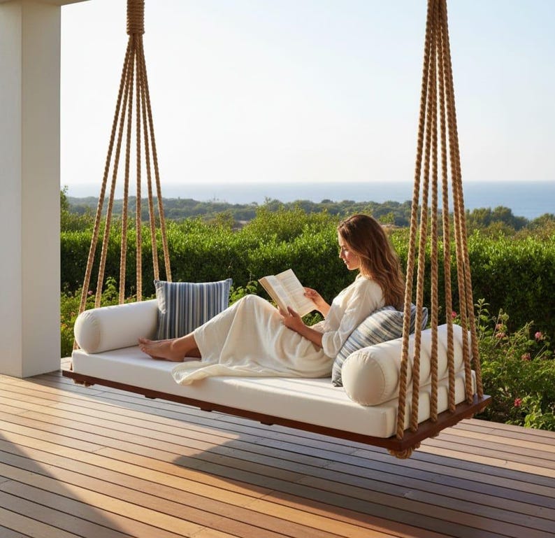 Modern Wooden Swing bed| Minimalist Porch Swing sofa | Handmade Hanging Sofa | Boho Garden Daybed | Cushioned Wood Swing sofabed