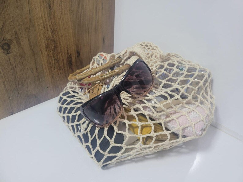 Hand-Knitted Mesh Beach Bag - Bohemian Market Tote by Seval Özsoy - Wooden Handle Summer Purse - Strong & Foldable Artisan Gift