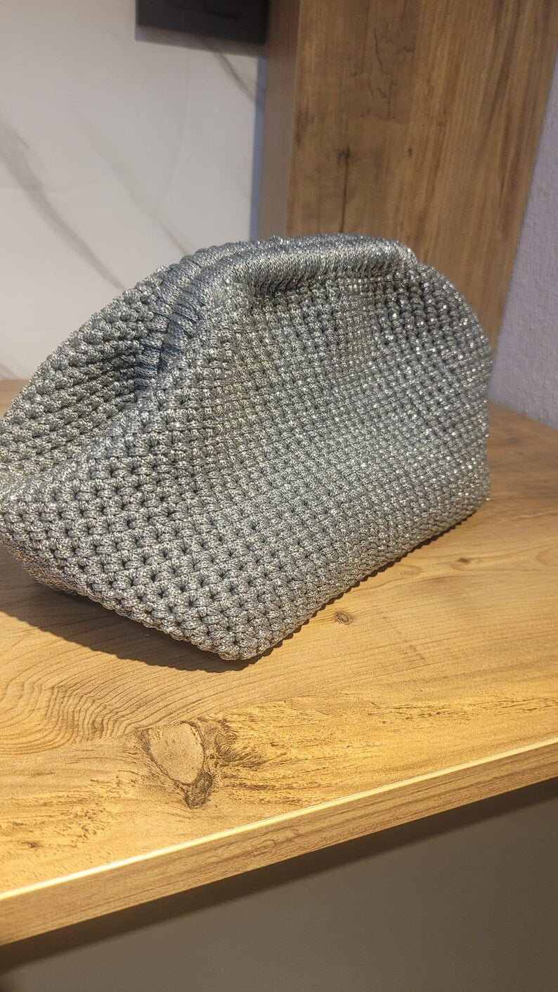 The Homeartparis Sparkly Grey Crochet Clutch - Handmade Silver Glitter Evening Bag by Seval Özsoy - Luxury Party Purse with Metal Frame - Elegant Occasion Gift
