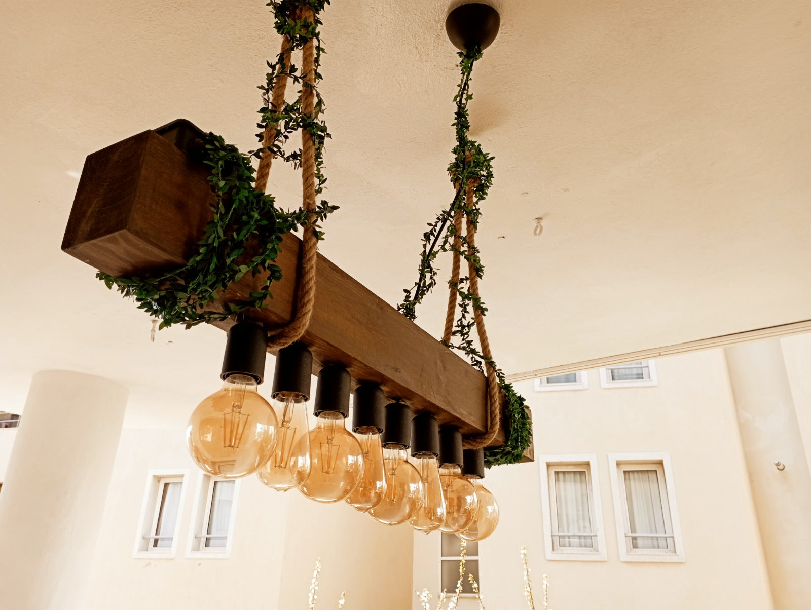 Vintage Barn Wood Beam and Rope Chandelier 8-Light Industrial Pendant Homeartparis production