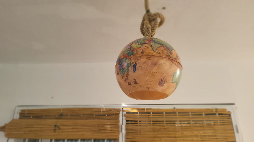 Vintage World Map Pendant Light - Handcrafted Nautical Hanging Globe Lamp with Adjustable Rope