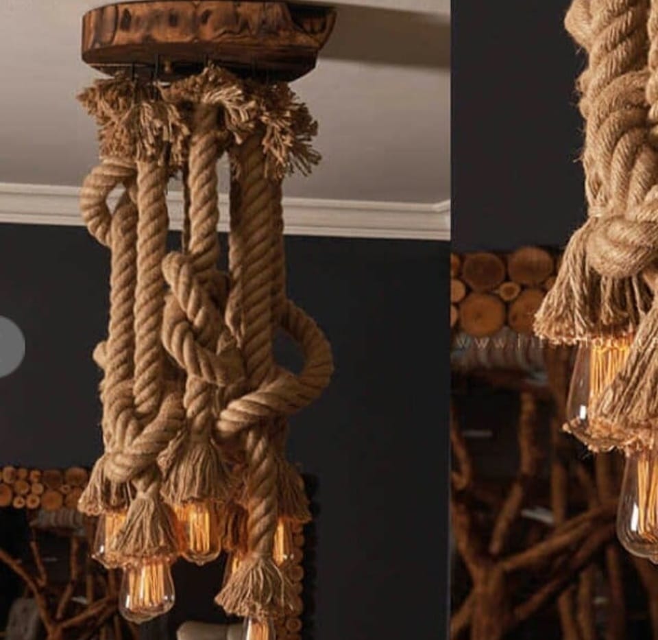 Rustic Root Wood Slice Chandelier with 7 Braided Flexible Jute Rope Pendants Homeartparis production