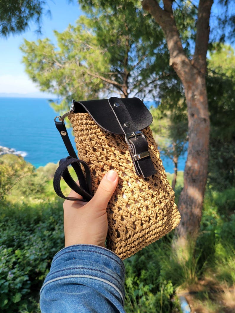 Homeartparis Woven Straw Crossbody Bag - Handmade Summer Mini Bag by Seval Özsoy - Natural Straw Purse with Black Leather Flap - Unique Gift for Her
