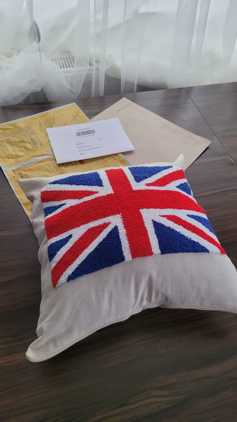 Homeartparis Punch Needle UK Flag Pillow - Handmade Union Jack Tufted Cushion by Seval Özsoy - Patriotic British Decor - Available as Cover Only or with Filling