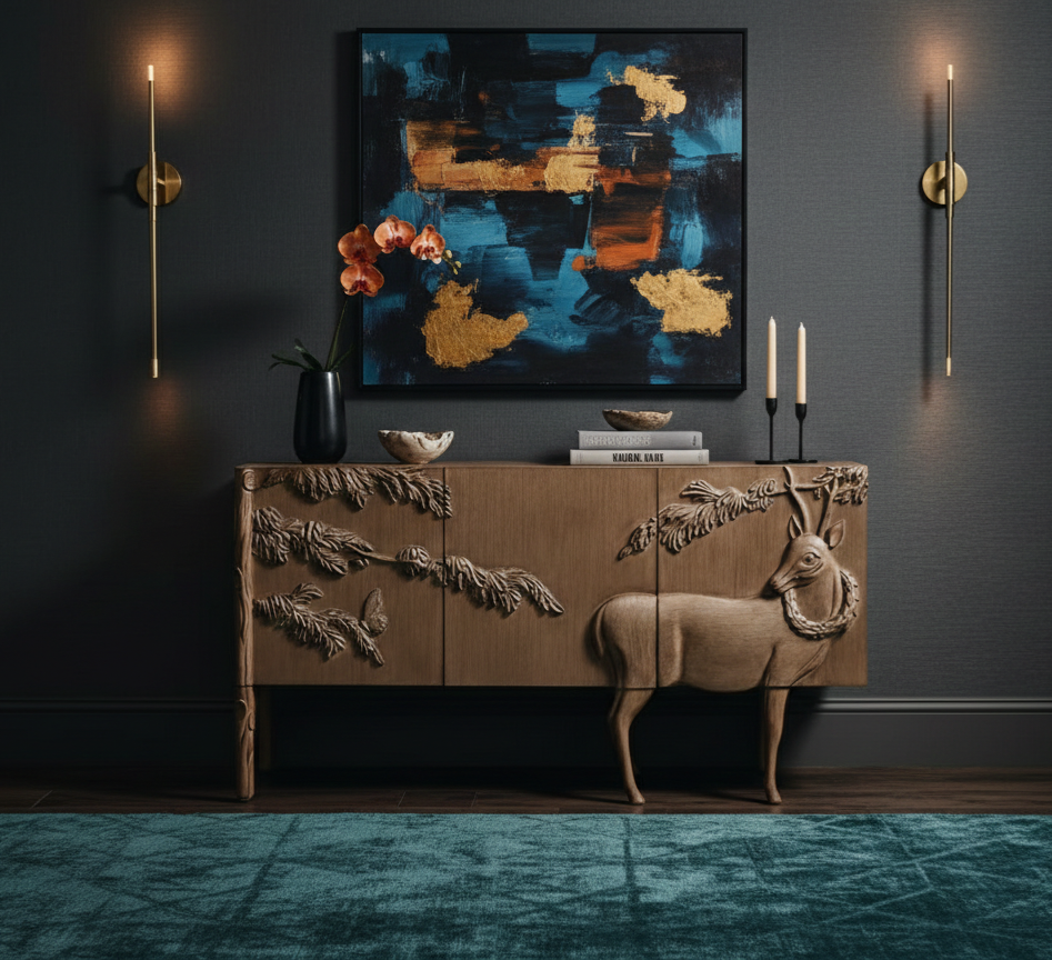 Hand-Carved Chestnut Wood Sideboard with Deer Relief Art - Custom Wildlife Design Homeartparis production