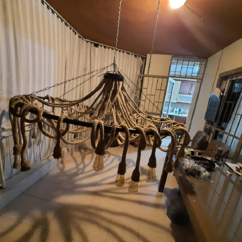 Grand 35-Arm Jute Rope Chandelier - Large Industrial Round Pendant Light - Homeartparis production