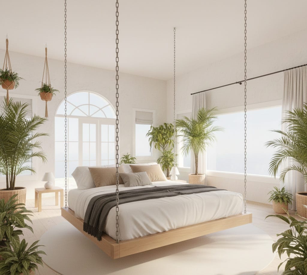 Majestic Solid Spruce Hanging Swing Bed - Heavy Duty Floating Platform Bed Frame - Homeartparis production