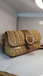 Bohemian Straw Crossbody Bag - Handmade Authentic Mini Bag by Seval Özsoy - Natural Woven Shoulder Purse with Leather Flap - Unique Artisan Gift
